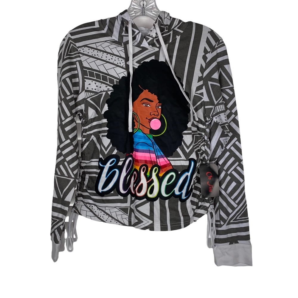 On Fire NWT Women Blessed White/Gray Drawcord Side 100% Cotton Hoodie Size Small